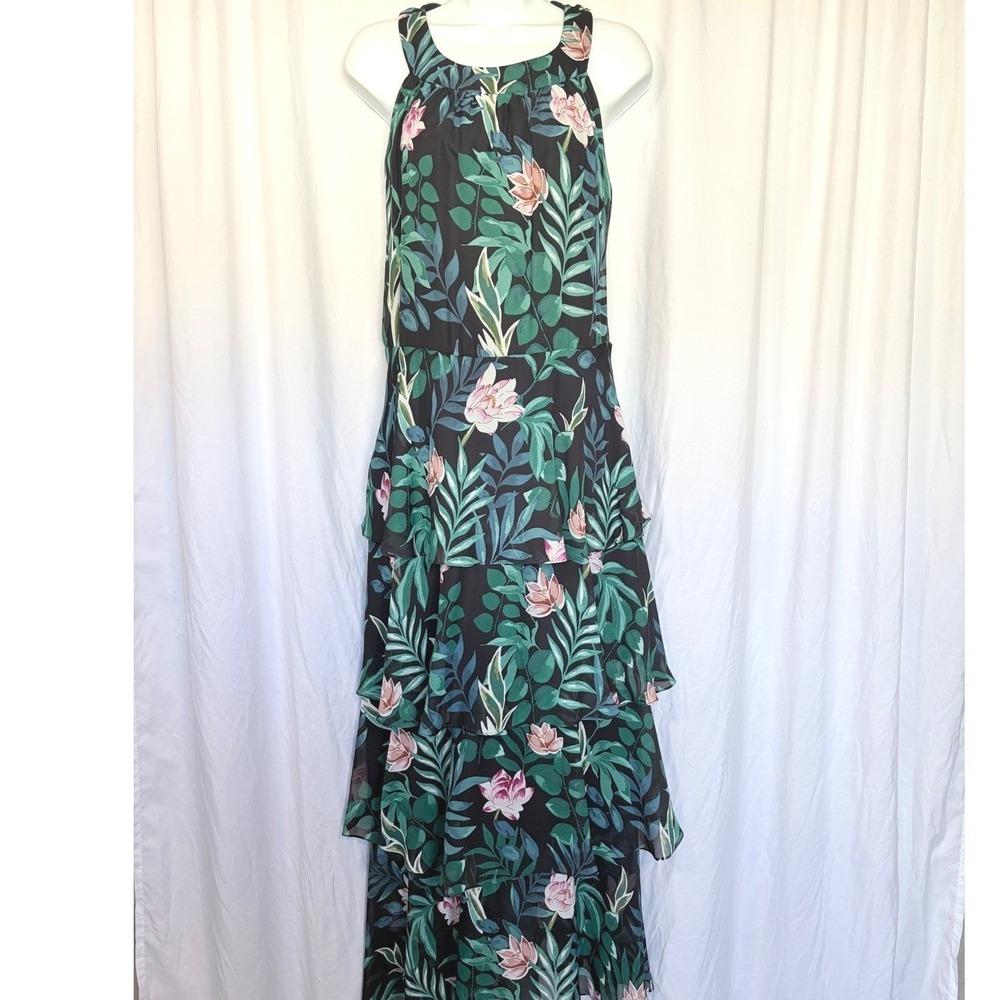 SLNY Maxi Dress‎ Tiered Floral Navy Green Pink Sleeveless Halter Chiffon 18